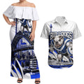 Personalised Canterbury Bankstown Bulldogs Couples Matching Off Shoulder Maxi Dress and Hawaiian Shirt Rugby Mascot Sydney City Skyline