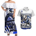 Personalised Canterbury Bankstown Bulldogs Couples Matching Off Shoulder Maxi Dress and Hawaiian Shirt Rugby Mascot Sydney City Skyline