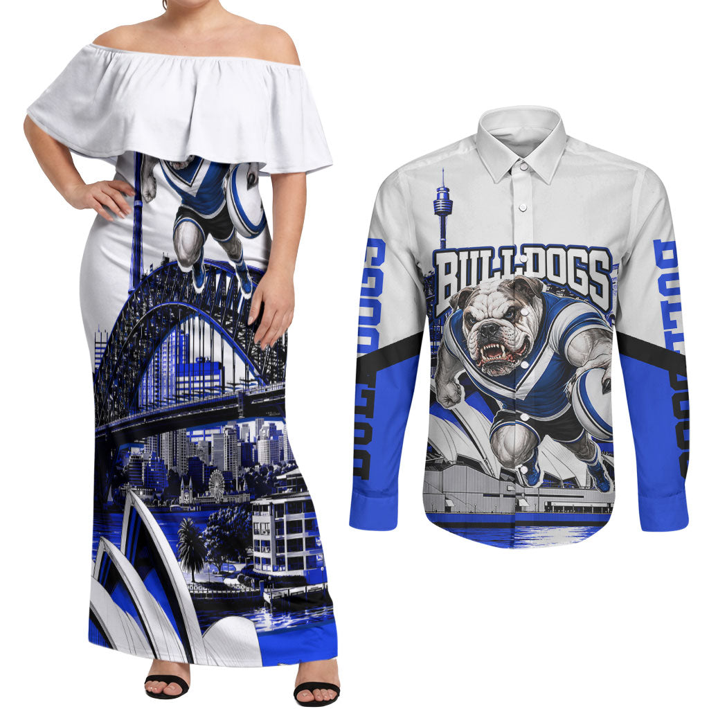 Personalised Canterbury Bankstown Bulldogs Couples Matching Off Shoulder Maxi Dress and Long Sleeve Button Shirt Rugby Mascot Sydney City Skyline