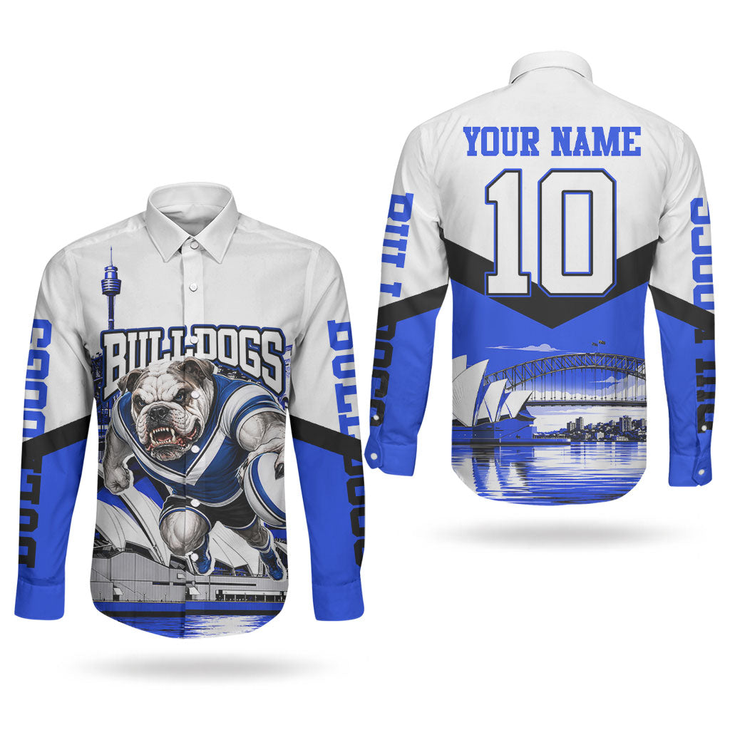 Personalised Canterbury Bankstown Bulldogs Couples Matching Off Shoulder Maxi Dress and Long Sleeve Button Shirt Rugby Mascot Sydney City Skyline