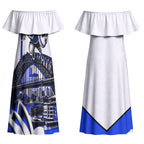 Personalised Canterbury Bankstown Bulldogs Couples Matching Off Shoulder Maxi Dress and Long Sleeve Button Shirt Rugby Mascot Sydney City Skyline