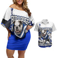 Personalised Canterbury Bankstown Bulldogs Couples Matching Off Shoulder Short Dress and Hawaiian Shirt Rugby Mascot Sydney City Skyline