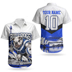 Personalised Canterbury Bankstown Bulldogs Couples Matching Off Shoulder Short Dress and Hawaiian Shirt Rugby Mascot Sydney City Skyline