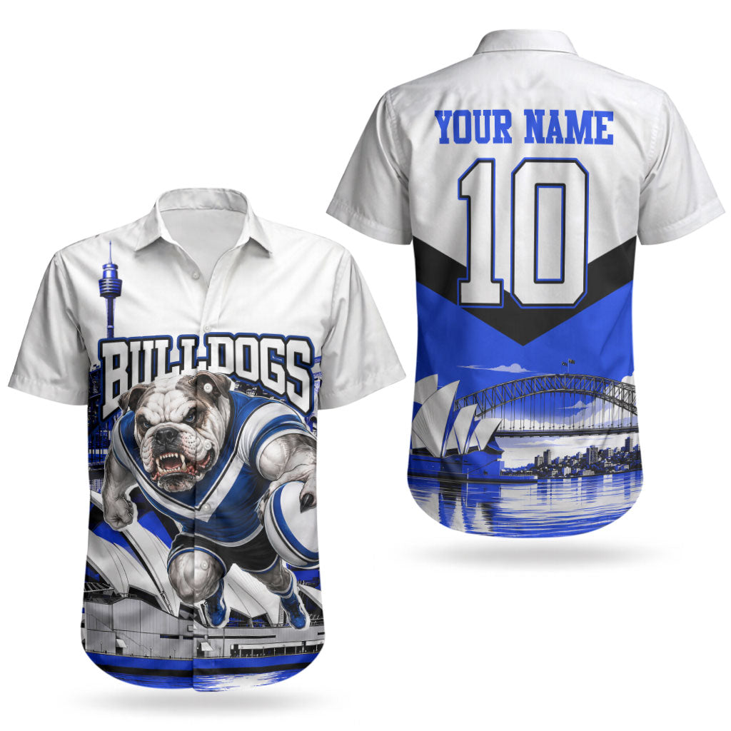 Personalised Canterbury Bankstown Bulldogs Couples Matching Off Shoulder Short Dress and Hawaiian Shirt Rugby Mascot Sydney City Skyline