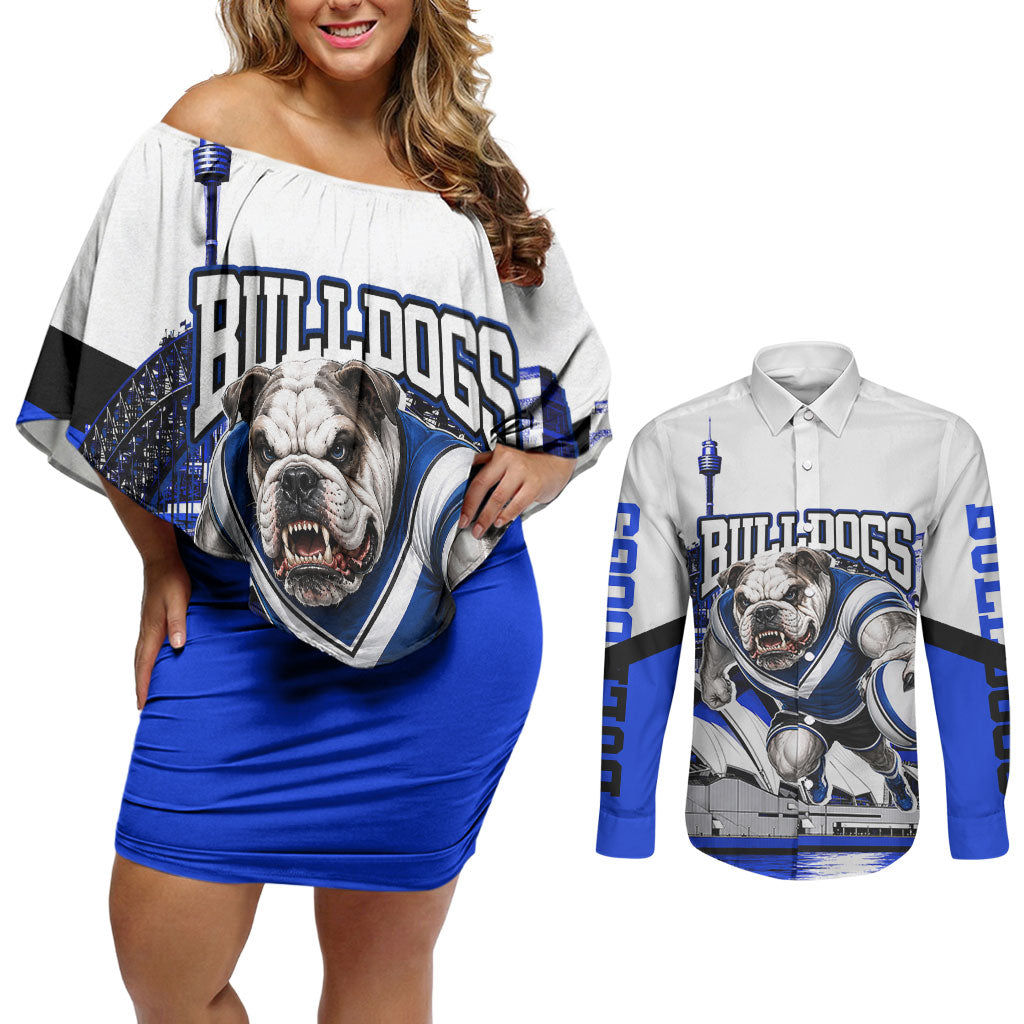 Personalised Canterbury Bankstown Bulldogs Couples Matching Off Shoulder Short Dress and Long Sleeve Button Shirt Rugby Mascot Sydney City Skyline