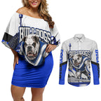 Personalised Canterbury Bankstown Bulldogs Couples Matching Off Shoulder Short Dress and Long Sleeve Button Shirt Rugby Mascot Sydney City Skyline
