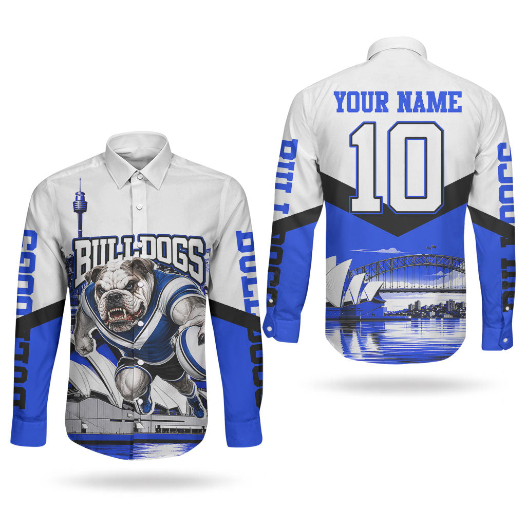 Personalised Canterbury Bankstown Bulldogs Couples Matching Off Shoulder Short Dress and Long Sleeve Button Shirt Rugby Mascot Sydney City Skyline