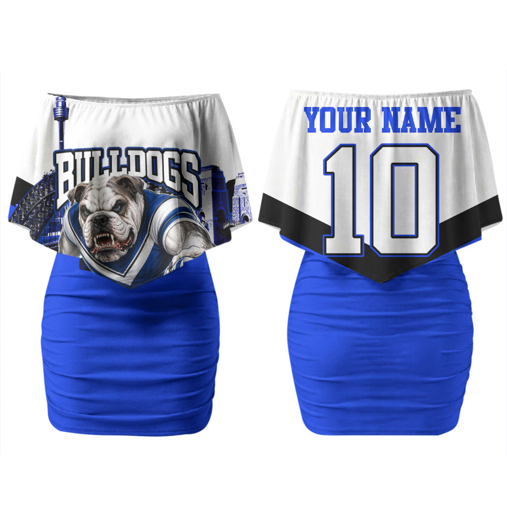 Personalised Canterbury Bankstown Bulldogs Couples Matching Off Shoulder Short Dress and Long Sleeve Button Shirt Rugby Mascot Sydney City Skyline