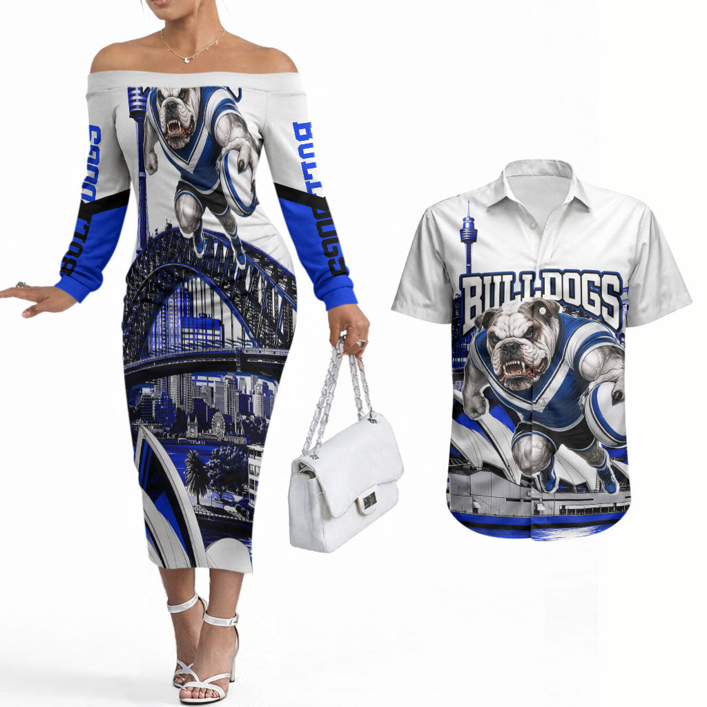 Personalised Canterbury Bankstown Bulldogs Couples Matching Off The Shoulder Long Sleeve Dress and Hawaiian Shirt Rugby Mascot Sydney City Skyline