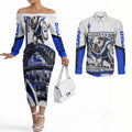 Personalised Canterbury Bankstown Bulldogs Couples Matching Off The Shoulder Long Sleeve Dress and Long Sleeve Button Shirt Rugby Mascot Sydney City Skyline