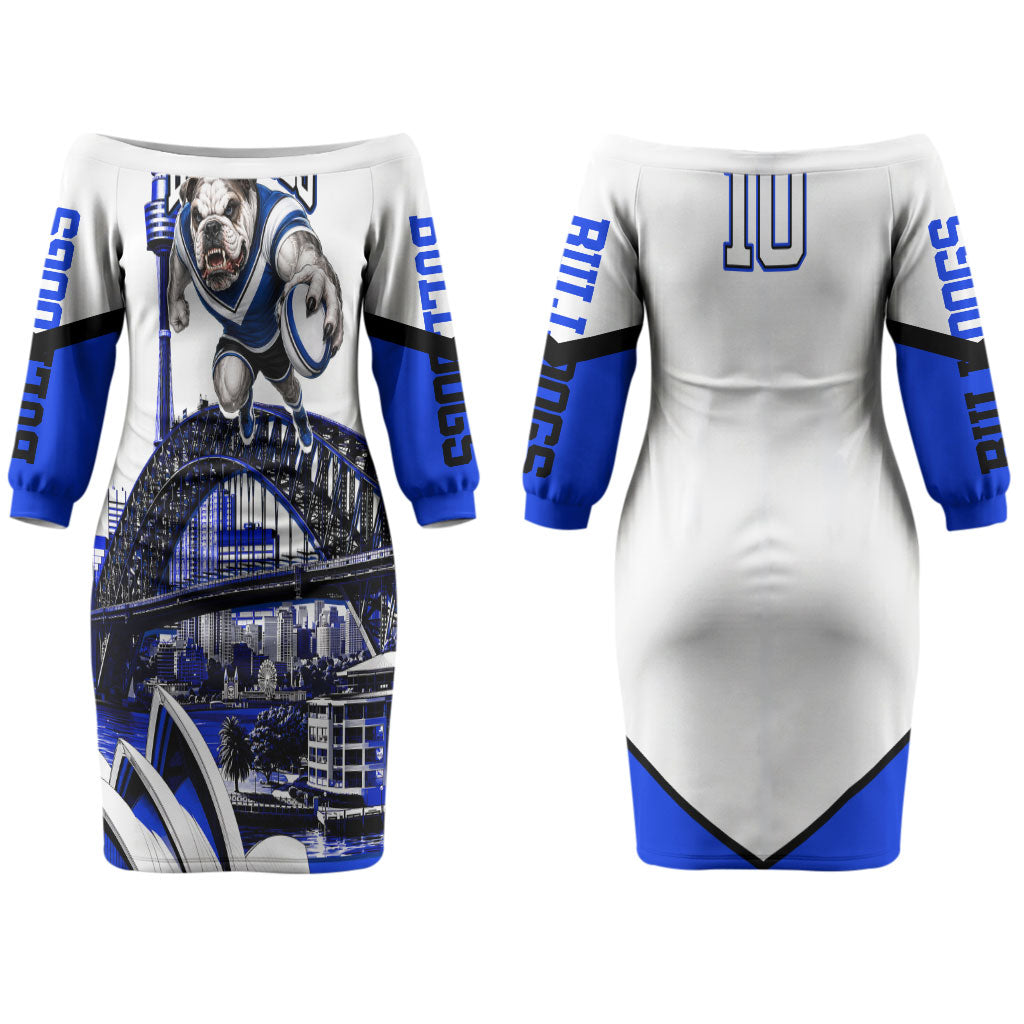 Personalised Canterbury Bankstown Bulldogs Couples Matching Off The Shoulder Long Sleeve Dress and Long Sleeve Button Shirt Rugby Mascot Sydney City Skyline