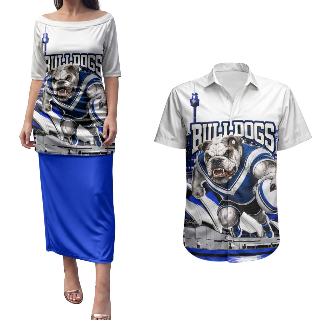 Personalised Canterbury Bankstown Bulldogs Couples Matching Puletasi and Hawaiian Shirt Rugby Mascot Sydney City Skyline