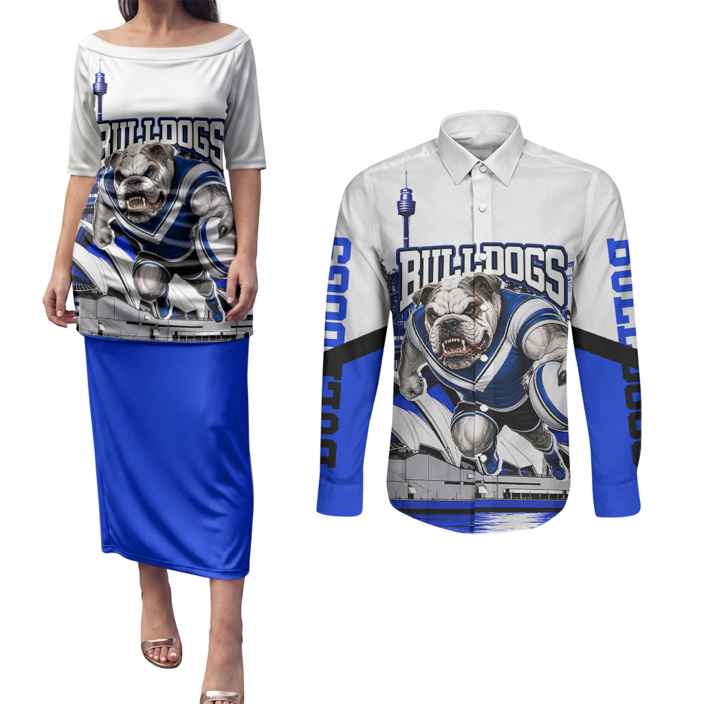 Personalised Canterbury Bankstown Bulldogs Couples Matching Puletasi and Long Sleeve Button Shirt Rugby Mascot Sydney City Skyline