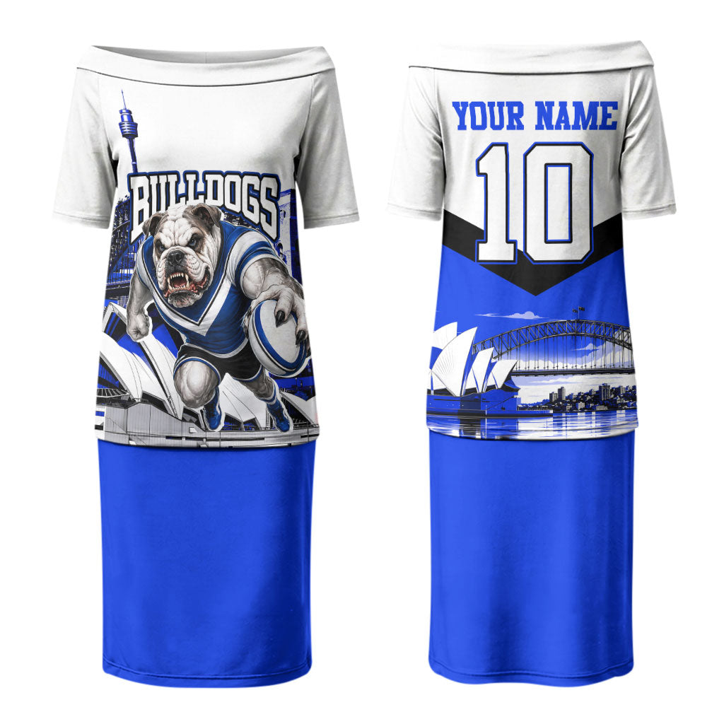 Personalised Canterbury Bankstown Bulldogs Couples Matching Puletasi and Long Sleeve Button Shirt Rugby Mascot Sydney City Skyline