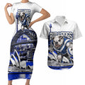 Personalised Canterbury Bankstown Bulldogs Couples Matching Short Sleeve Bodycon Dress and Hawaiian Shirt Rugby Mascot Sydney City Skyline