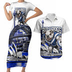Personalised Canterbury Bankstown Bulldogs Couples Matching Short Sleeve Bodycon Dress and Hawaiian Shirt Rugby Mascot Sydney City Skyline