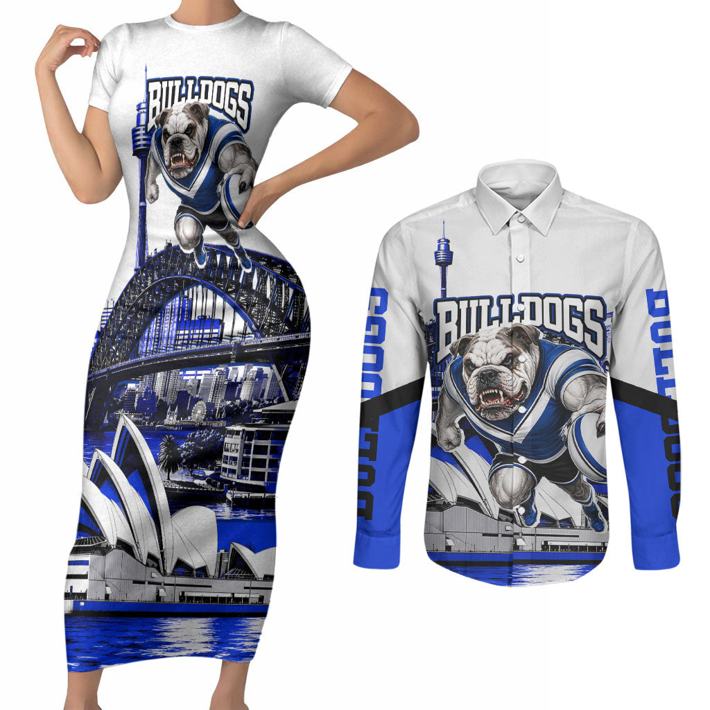 Personalised Canterbury Bankstown Bulldogs Couples Matching Short Sleeve Bodycon Dress and Long Sleeve Button Shirt Rugby Mascot Sydney City Skyline
