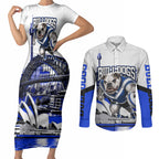 Personalised Canterbury Bankstown Bulldogs Couples Matching Short Sleeve Bodycon Dress and Long Sleeve Button Shirt Rugby Mascot Sydney City Skyline