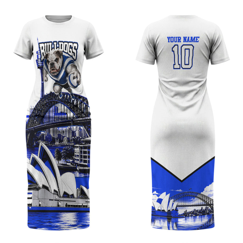 Personalised Canterbury Bankstown Bulldogs Couples Matching Short Sleeve Bodycon Dress and Long Sleeve Button Shirt Rugby Mascot Sydney City Skyline