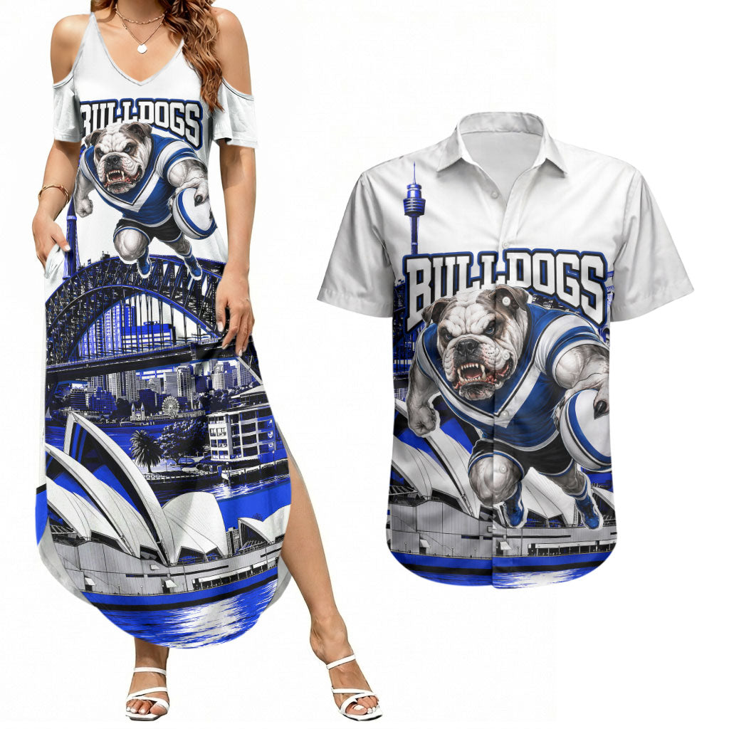 Personalised Canterbury Bankstown Bulldogs Couples Matching Summer Maxi Dress and Hawaiian Shirt Rugby Mascot Sydney City Skyline