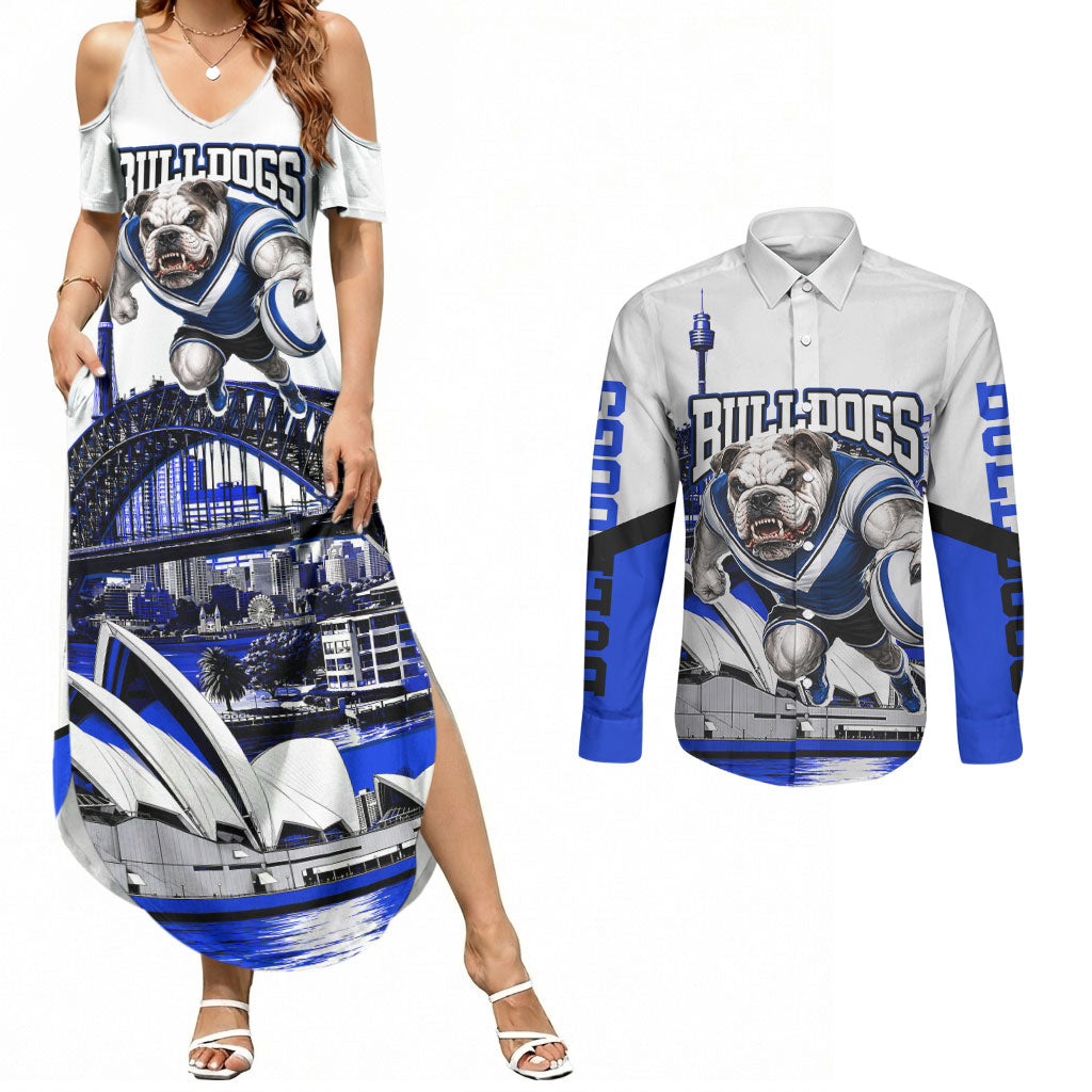 Personalised Canterbury Bankstown Bulldogs Couples Matching Summer Maxi Dress and Long Sleeve Button Shirt Rugby Mascot Sydney City Skyline