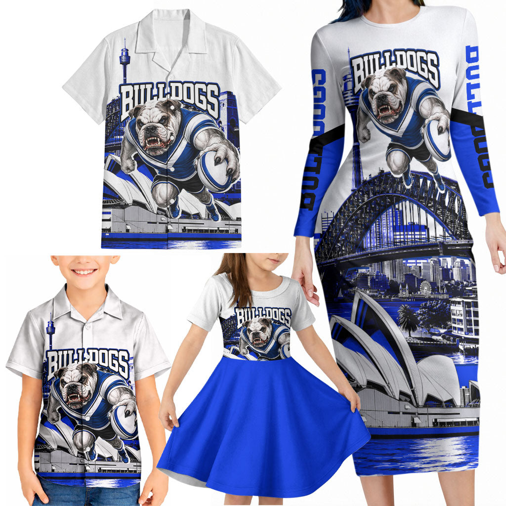 Personalised Canterbury Bankstown Bulldogs Family Matching Long Sleeve Bodycon Dress and Hawaiian Shirt Rugby Mascot Sydney City Skyline