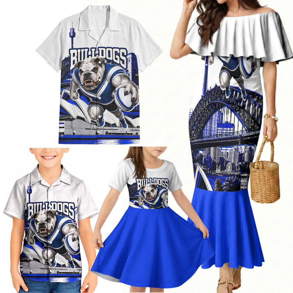 Personalised Canterbury Bankstown Bulldogs Family Matching Mermaid Dress and Hawaiian Shirt Rugby Mascot Sydney City Skyline