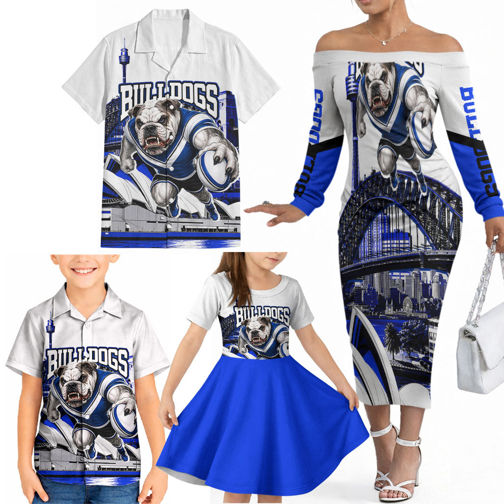 Personalised Canterbury Bankstown Bulldogs Family Matching Off The Shoulder Long Sleeve Dress and Hawaiian Shirt Rugby Mascot Sydney City Skyline