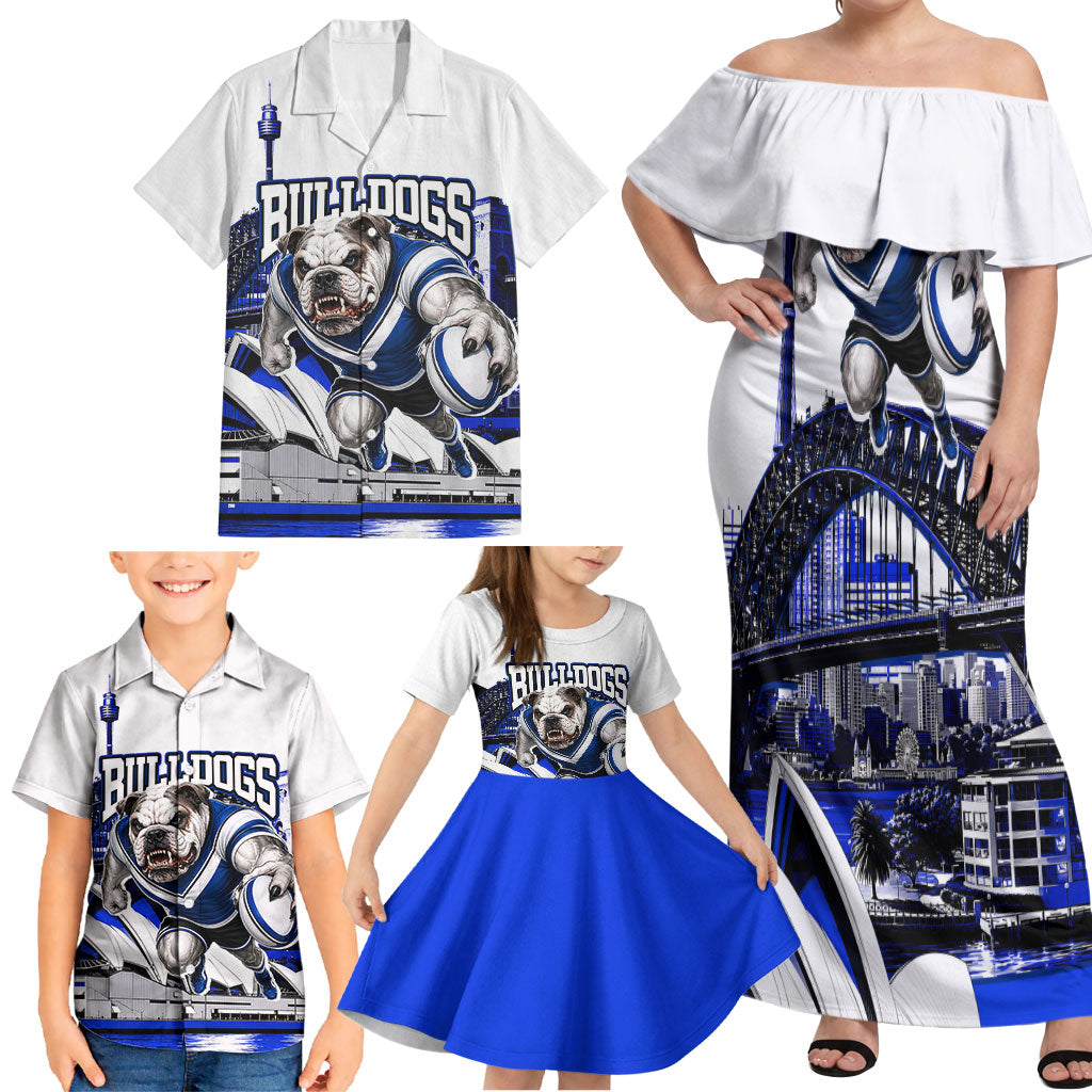 Personalised Canterbury Bankstown Bulldogs Family Matching Off Shoulder Maxi Dress and Hawaiian Shirt Rugby Mascot Sydney City Skyline