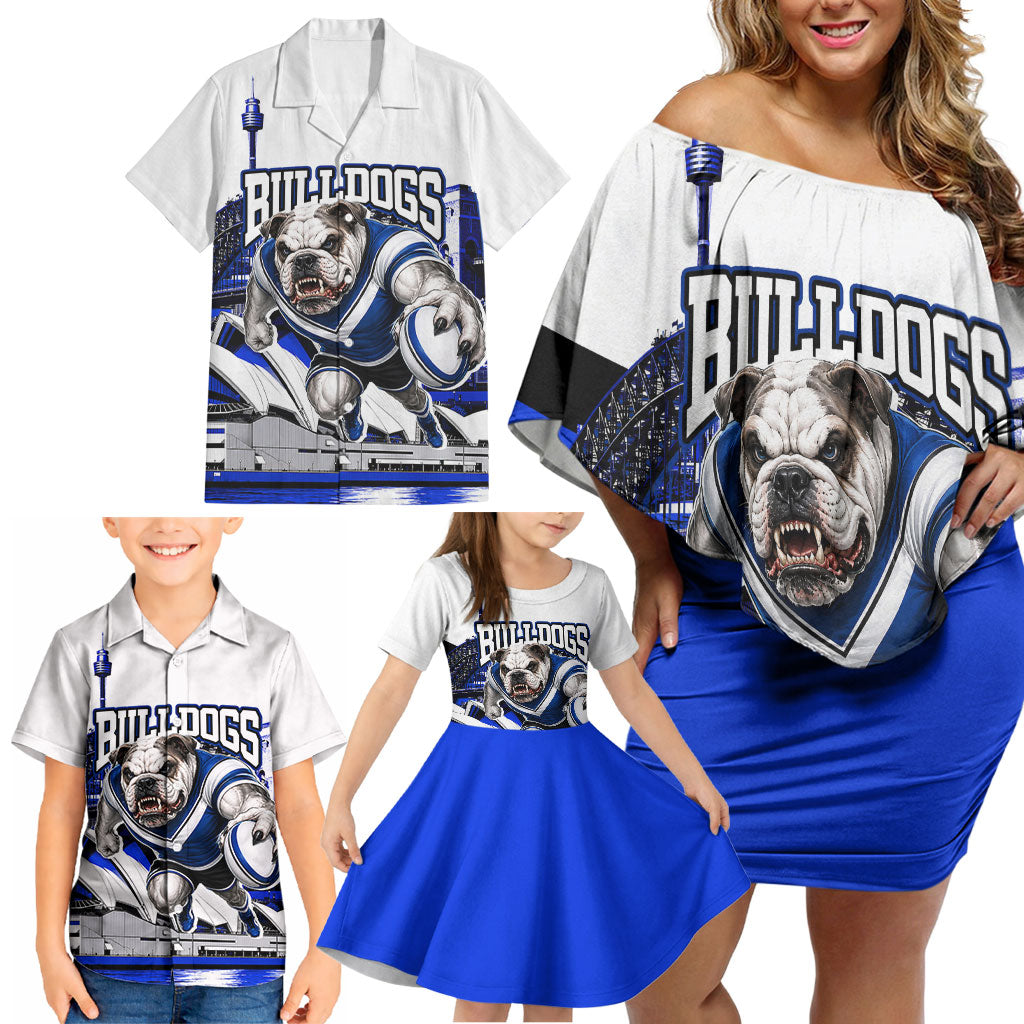 Personalised Canterbury Bankstown Bulldogs Family Matching Off Shoulder Short Dress and Hawaiian Shirt Rugby Mascot Sydney City Skyline