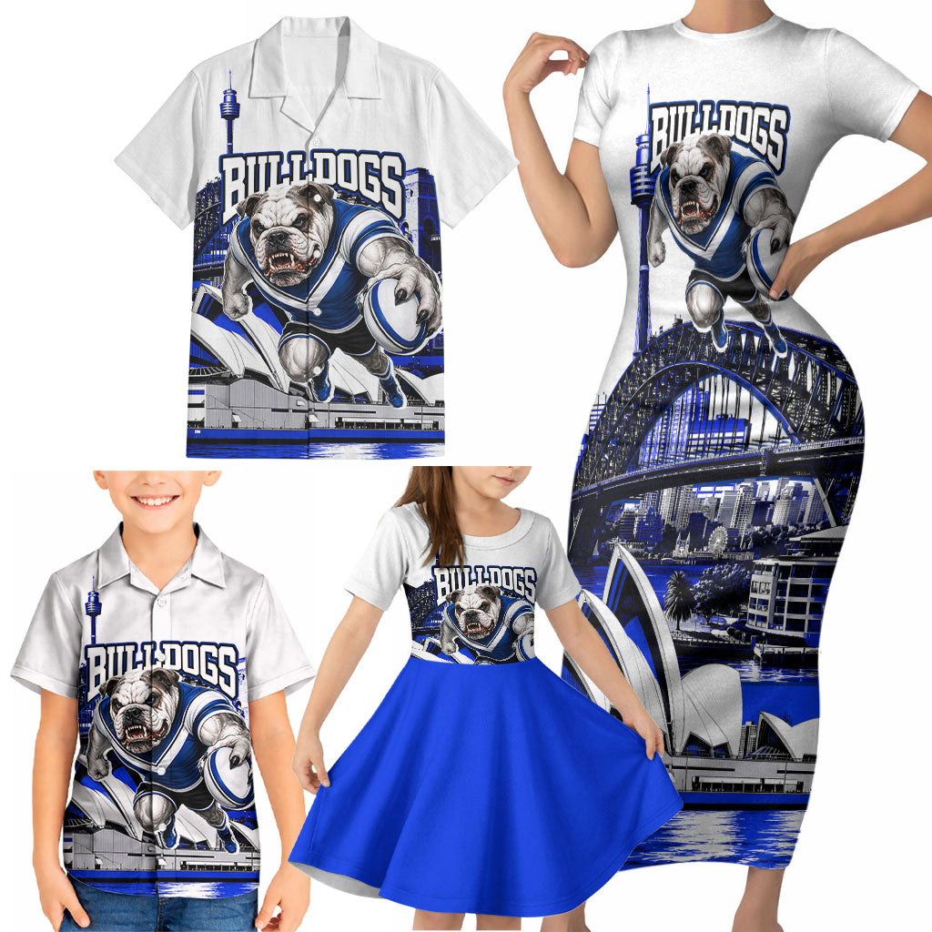 Personalised Canterbury Bankstown Bulldogs Family Matching Short Sleeve Bodycon Dress and Hawaiian Shirt Rugby Mascot Sydney City Skyline