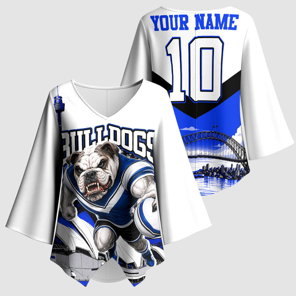 Personalised Canterbury Bankstown Bulldogs Kimono Sleeve Blouse Rugby Mascot Sydney City Skyline