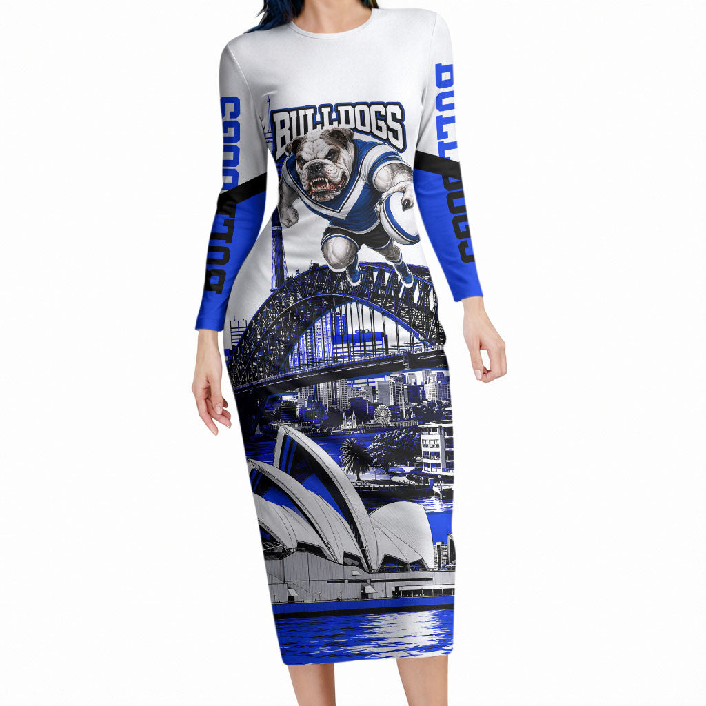Personalised Canterbury Bankstown Bulldogs Long Sleeve Bodycon Dress Rugby Mascot Sydney City Skyline