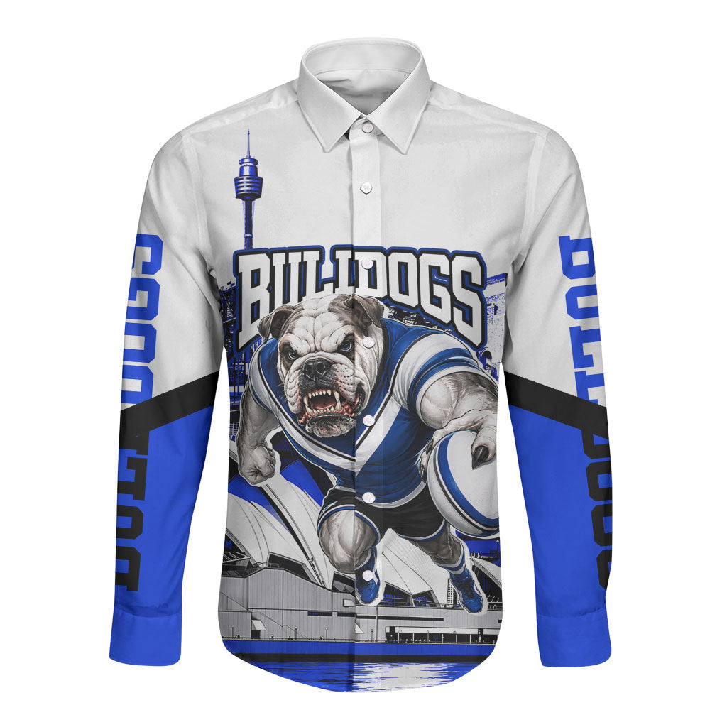 Personalised Canterbury Bankstown Bulldogs Long Sleeve Button Shirt Rugby Mascot Sydney City Skyline