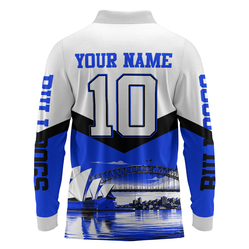 Personalised Canterbury Bankstown Bulldogs Long Sleeve Polo Shirt Rugby Mascot Sydney City Skyline