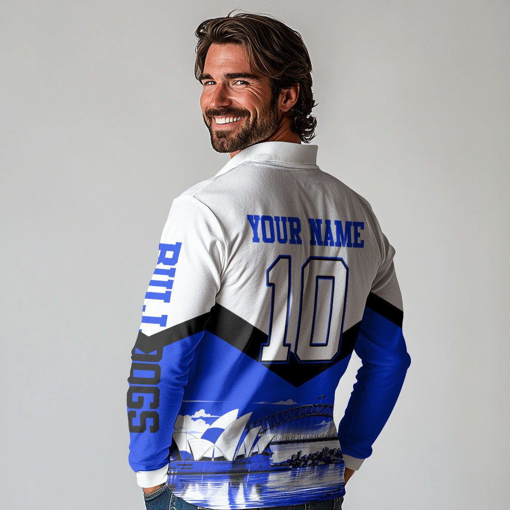Personalised Canterbury Bankstown Bulldogs Long Sleeve Polo Shirt Rugby Mascot Sydney City Skyline