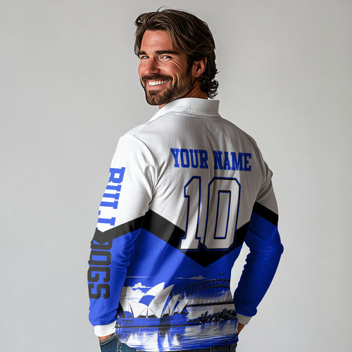 Personalised Canterbury Bankstown Bulldogs Long Sleeve Polo Shirt Rugby Mascot Sydney City Skyline