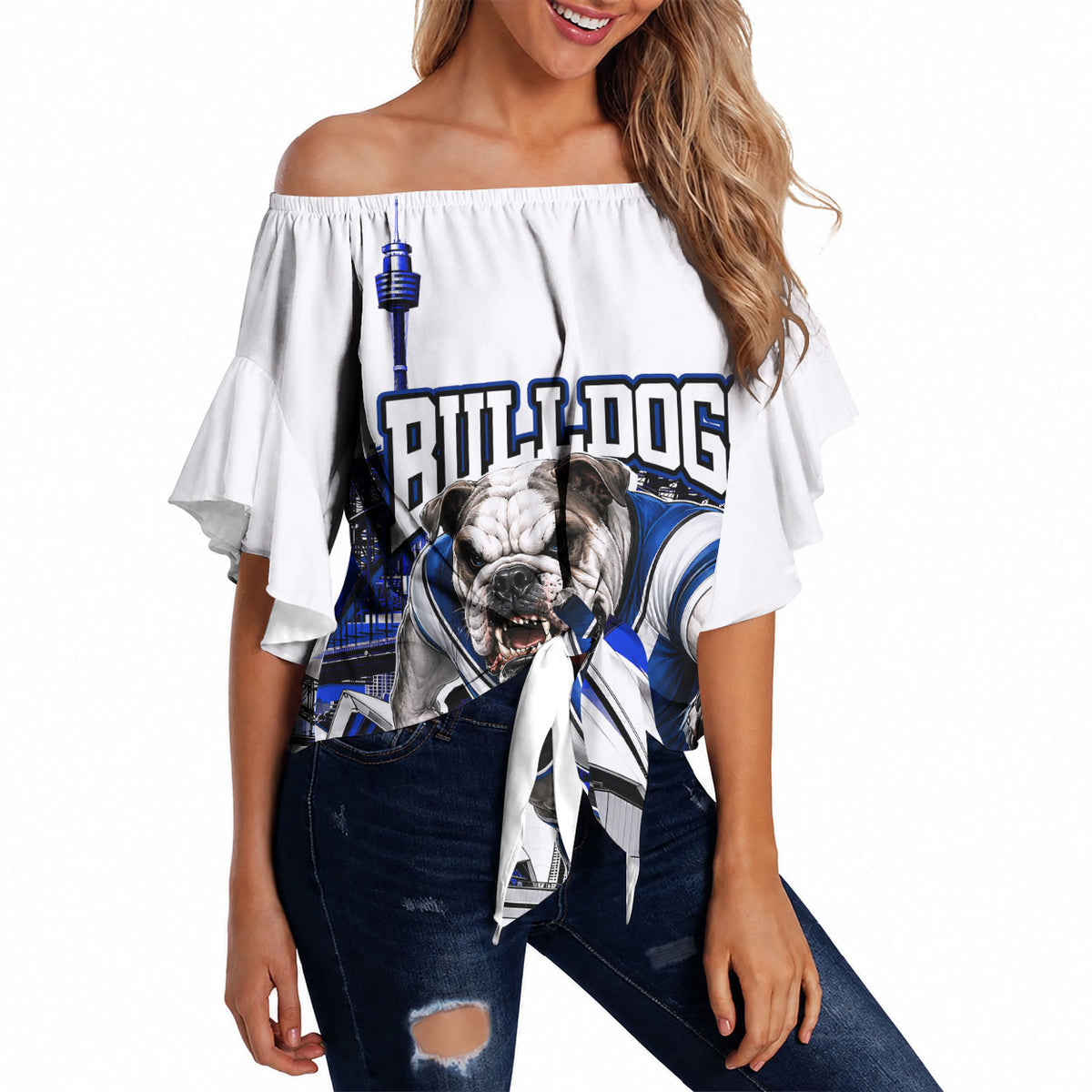 Personalised Canterbury Bankstown Bulldogs Off Shoulder Wrap Waist Top Rugby Mascot Sydney City Skyline