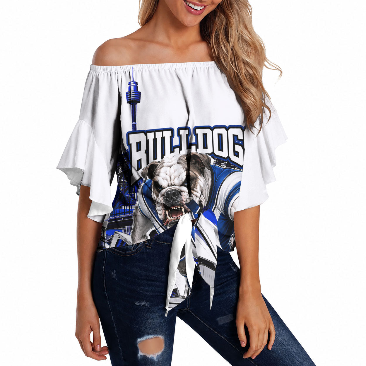 Personalised Canterbury Bankstown Bulldogs Off Shoulder Wrap Waist Top Rugby Mascot Sydney City Skyline