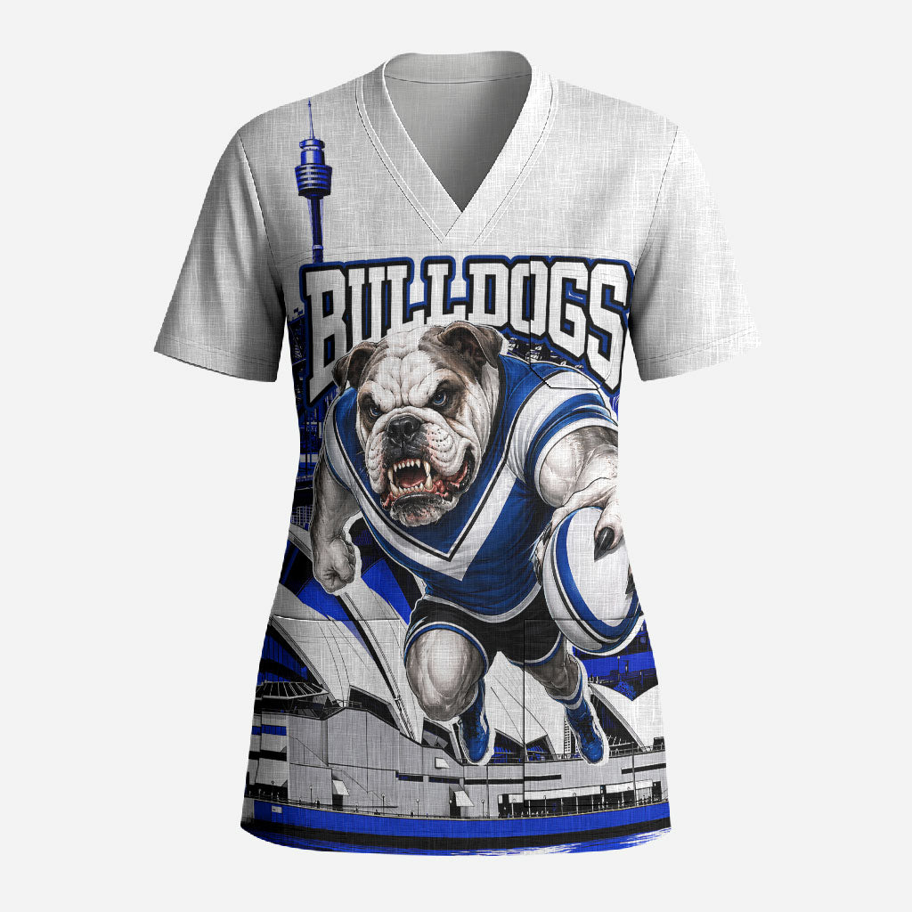 Personalised Canterbury Bankstown Bulldogs Scrub Top Rugby Mascot Sydney City Skyline