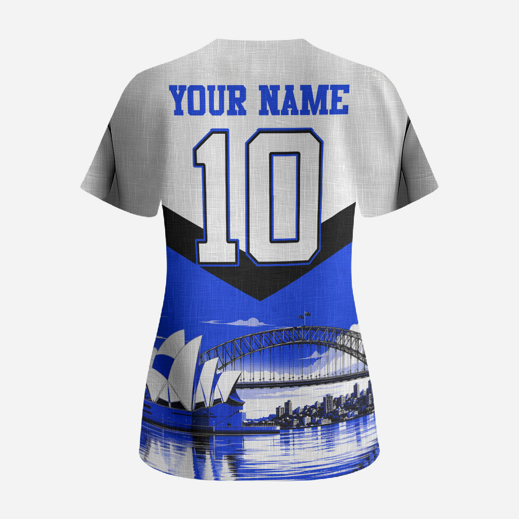 Personalised Canterbury Bankstown Bulldogs Scrub Top Rugby Mascot Sydney City Skyline