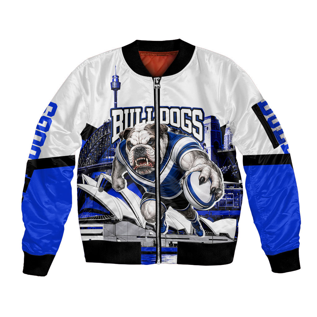 Personalised Canterbury Bankstown Bulldogs Sleeve Zip Bomber Jacket Rugby Mascot Sydney City Skyline