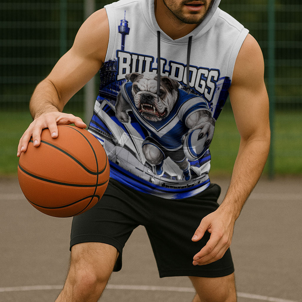 Personalised Canterbury Bankstown Bulldogs Sleeveless Hoodie Rugby Mascot Sydney City Skyline