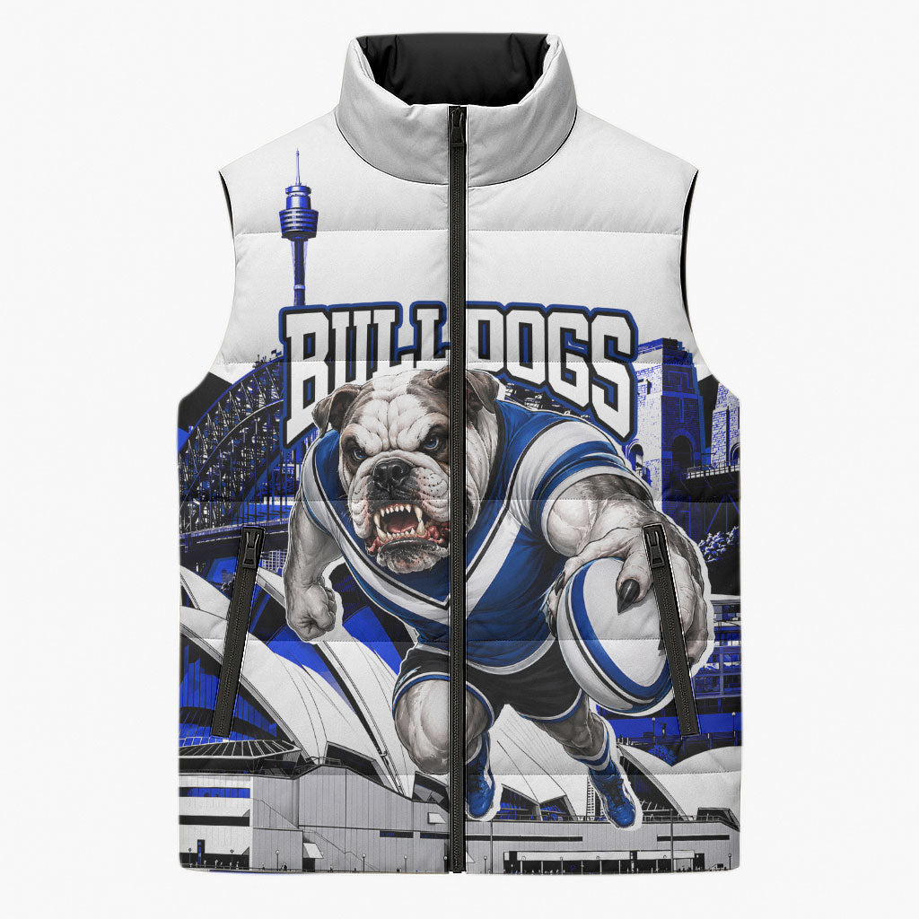 Personalised Canterbury Bankstown Bulldogs Sleeveless Puffer Jacket Rugby Mascot Sydney City Skyline