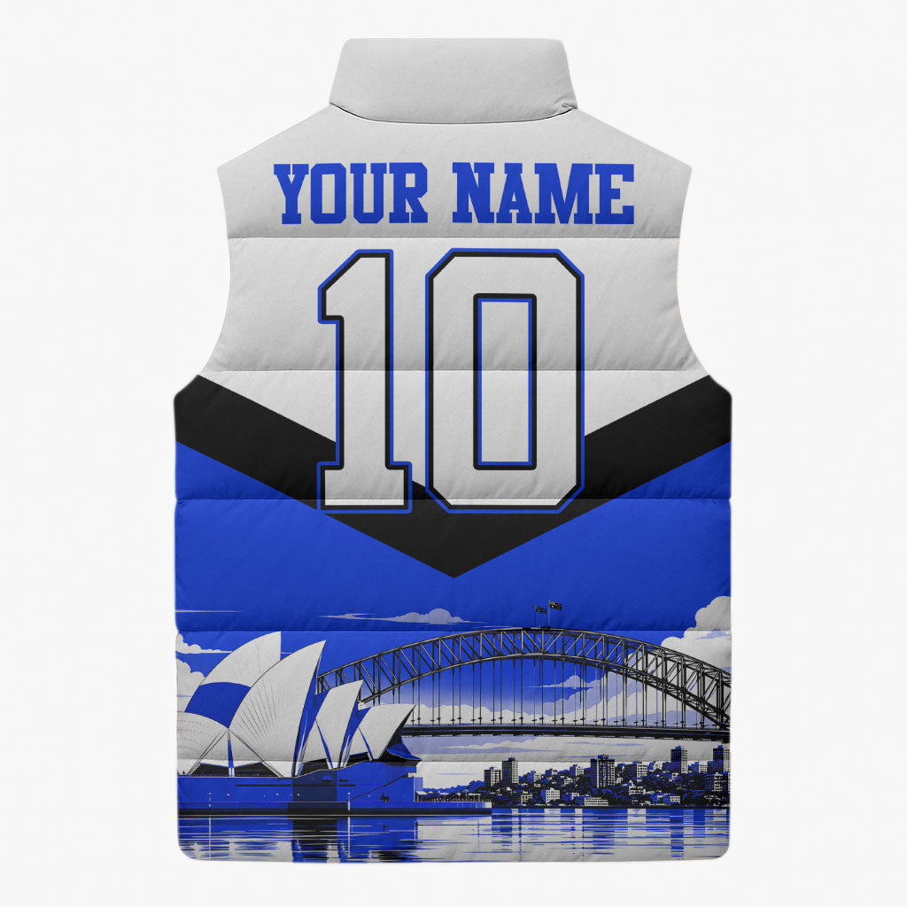 Personalised Canterbury Bankstown Bulldogs Sleeveless Puffer Jacket Rugby Mascot Sydney City Skyline