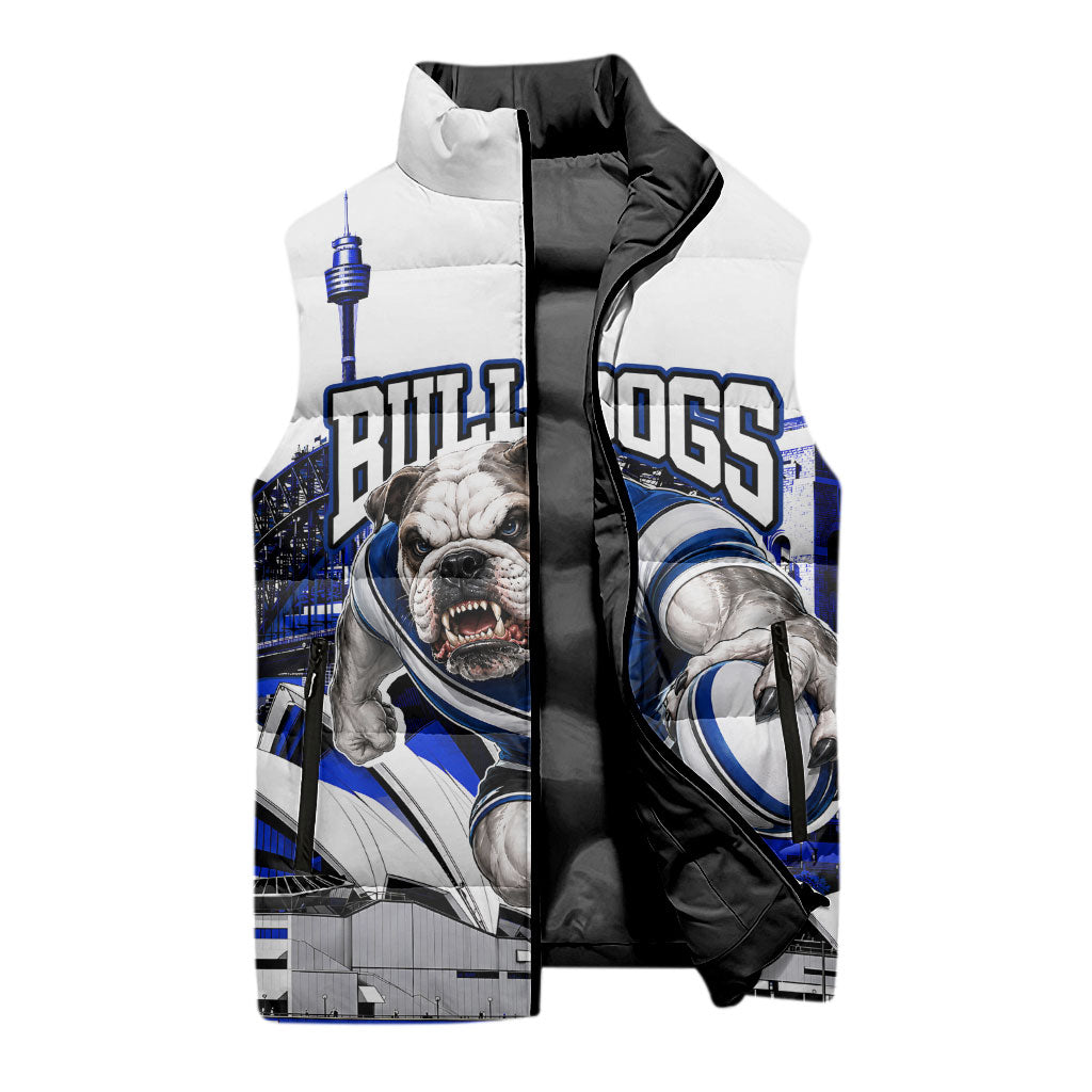 Personalised Canterbury Bankstown Bulldogs Sleeveless Puffer Jacket Rugby Mascot Sydney City Skyline