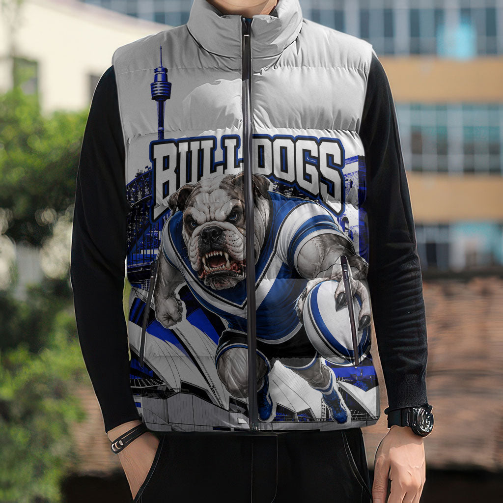 Personalised Canterbury Bankstown Bulldogs Sleeveless Puffer Jacket Rugby Mascot Sydney City Skyline