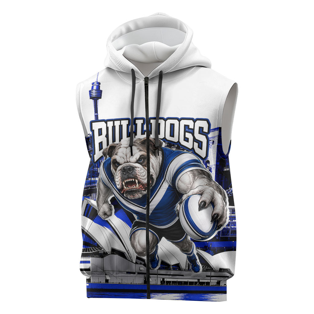 Personalised Canterbury Bankstown Bulldogs Sleeveless Zip Hoodie Rugby Mascot Sydney City Skyline