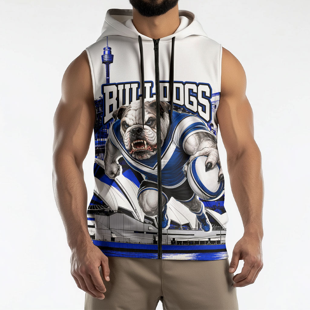 Personalised Canterbury Bankstown Bulldogs Sleeveless Zip Hoodie Rugby Mascot Sydney City Skyline