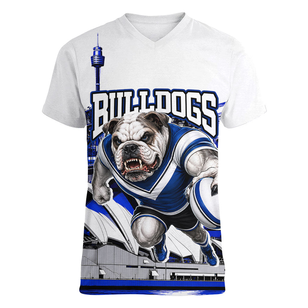 Personalised Canterbury Bankstown Bulldogs Women V-Neck T-Shirt Rugby Mascot Sydney City Skyline